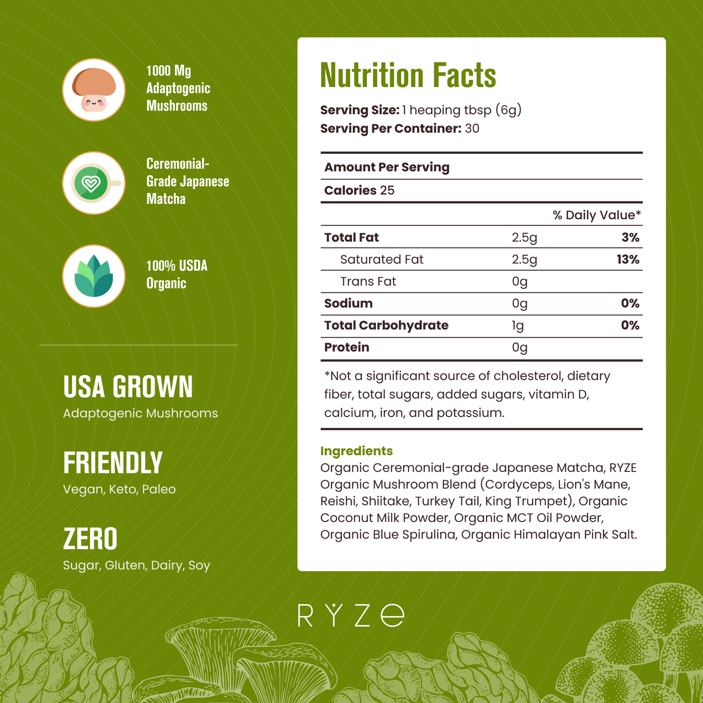 RYZE Organic Mushroom Matcha Starter Kit (60 servi